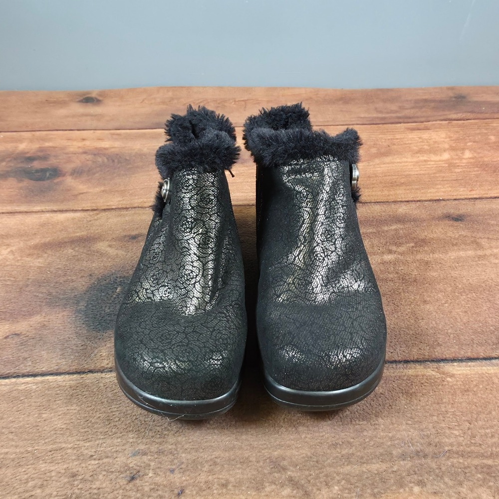 Alegria MER-553 Ankle Boots Womens 38 Black Gold Good Floral Faux Fur Zip